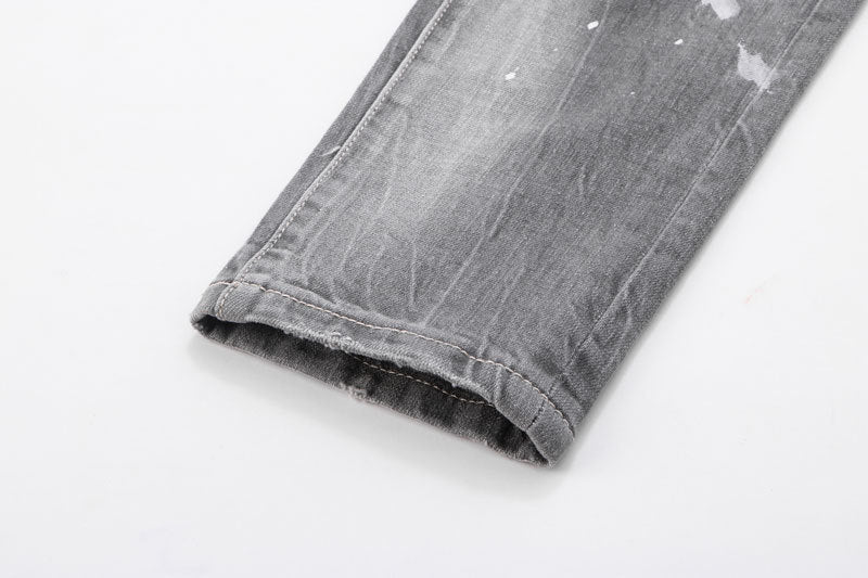 Men's Jeans Fashionable New Style Gray Ripped Patch Slim-Fitting Tapered Hipster Brand Casual  Denim Pants