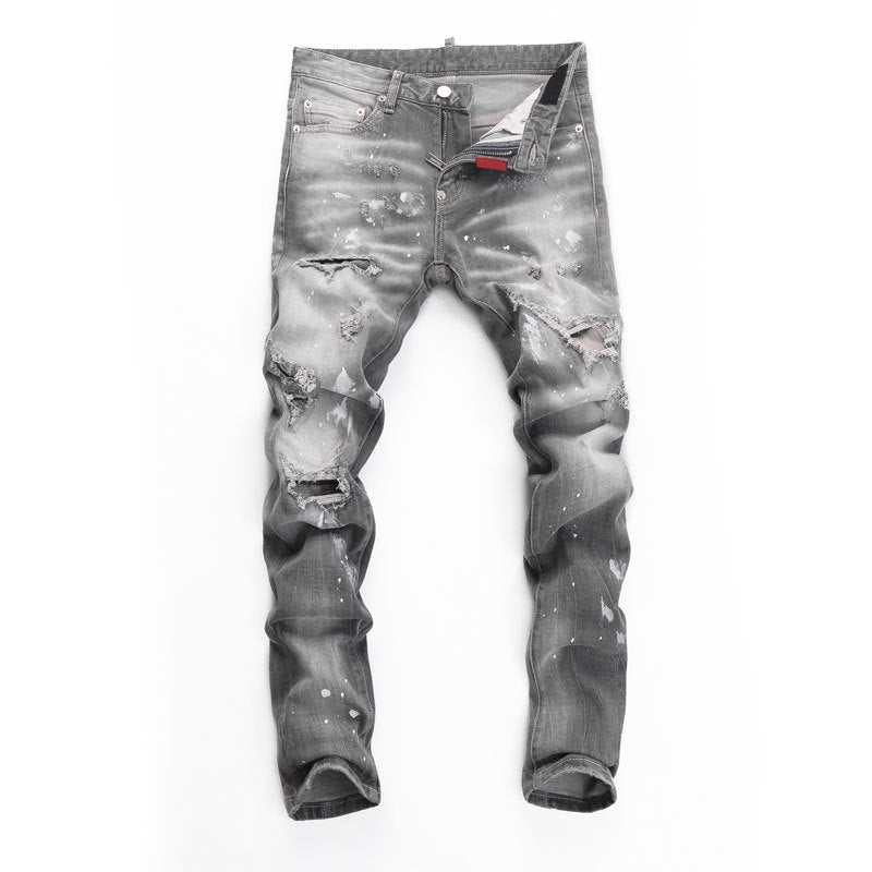 Men's Jeans Fashionable New Style Gray Ripped Patch Slim-Fitting Tapered Hipster Brand Casual  Denim Pants