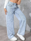 Women's diamond-studded washed jeans, high-waisted wide-leg pants, straight-cut long pants