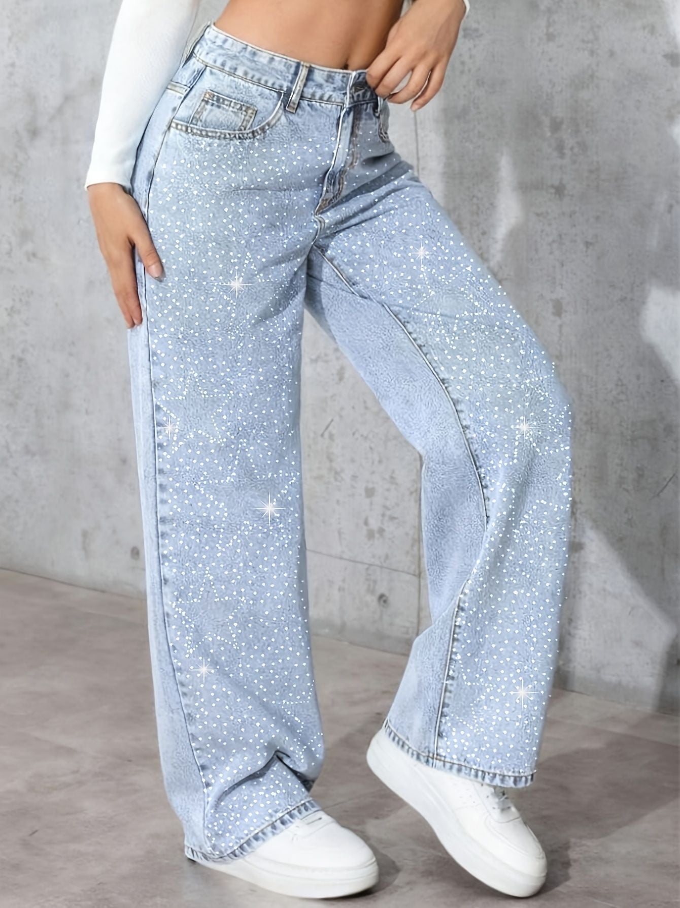 Women's diamond-studded washed jeans, high-waisted wide-leg pants, straight-cut long pants