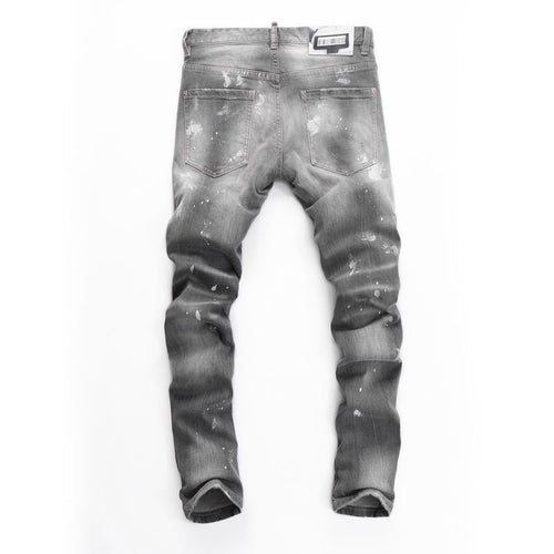 Men's Jeans Fashionable New Style Gray Ripped Patch Slim-Fitting Tapered Hipster Brand Casual  Denim Pants