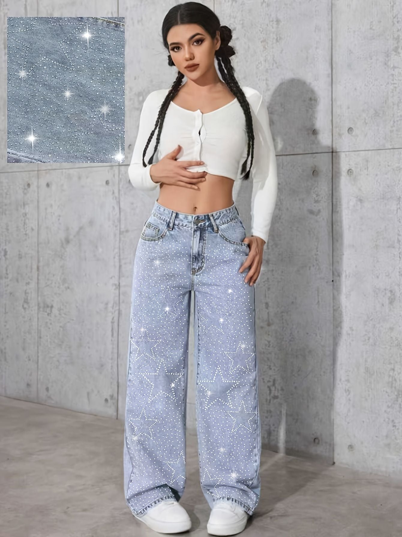Women's diamond-studded washed jeans, high-waisted wide-leg pants, straight-cut long pants