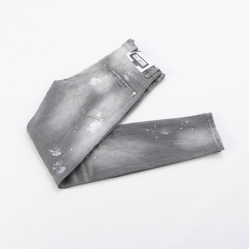 Men's Jeans Fashionable New Style Gray Ripped Patch Slim-Fitting Tapered Hipster Brand Casual  Denim Pants