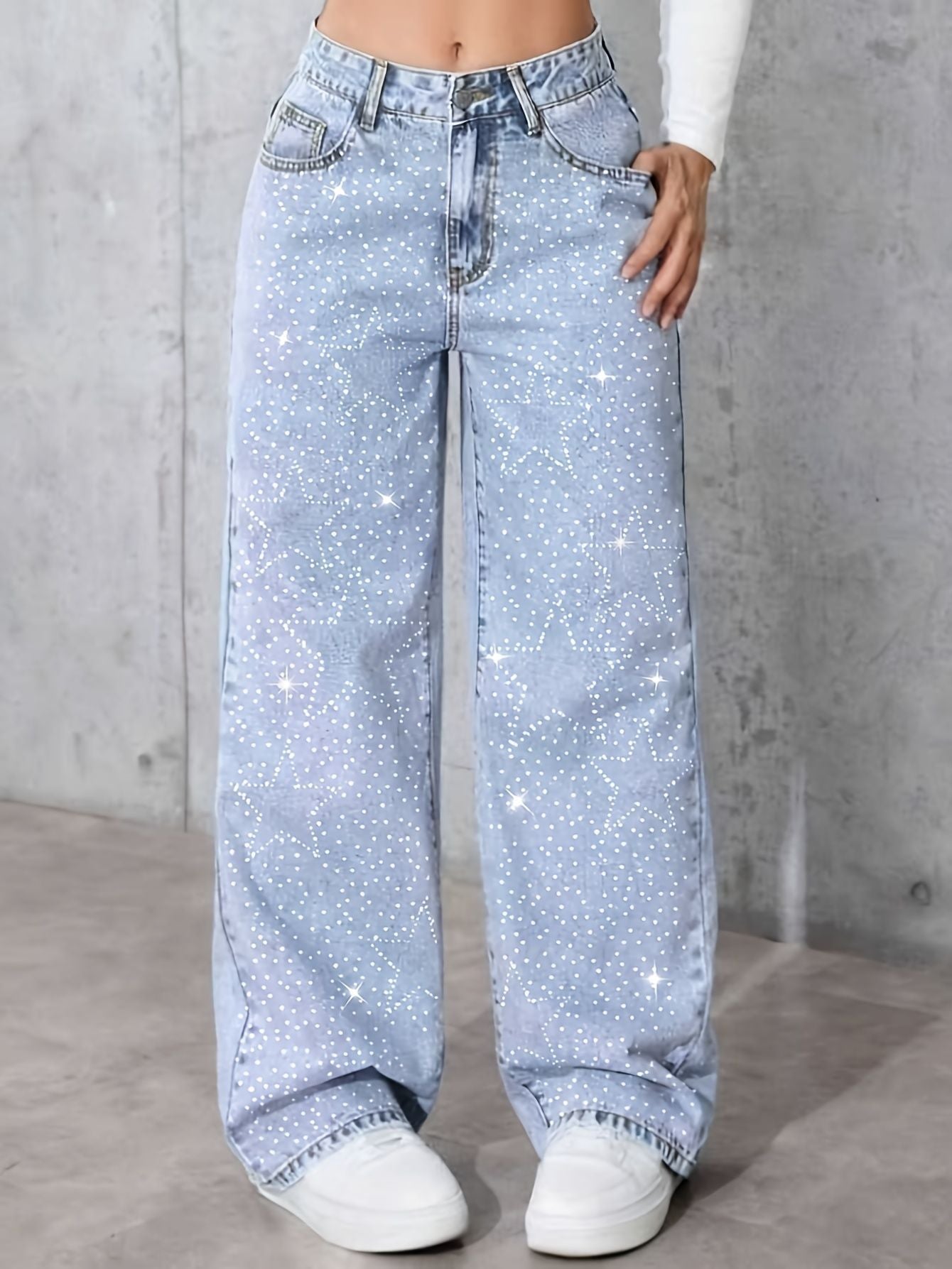 Women's diamond-studded washed jeans, high-waisted wide-leg pants, straight-cut long pants