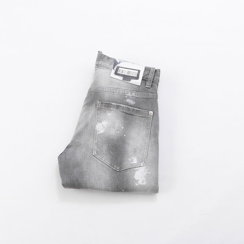 Men's Jeans Fashionable New Style Gray Ripped Patch Slim-Fitting Tapered Hipster Brand Casual  Denim Pants