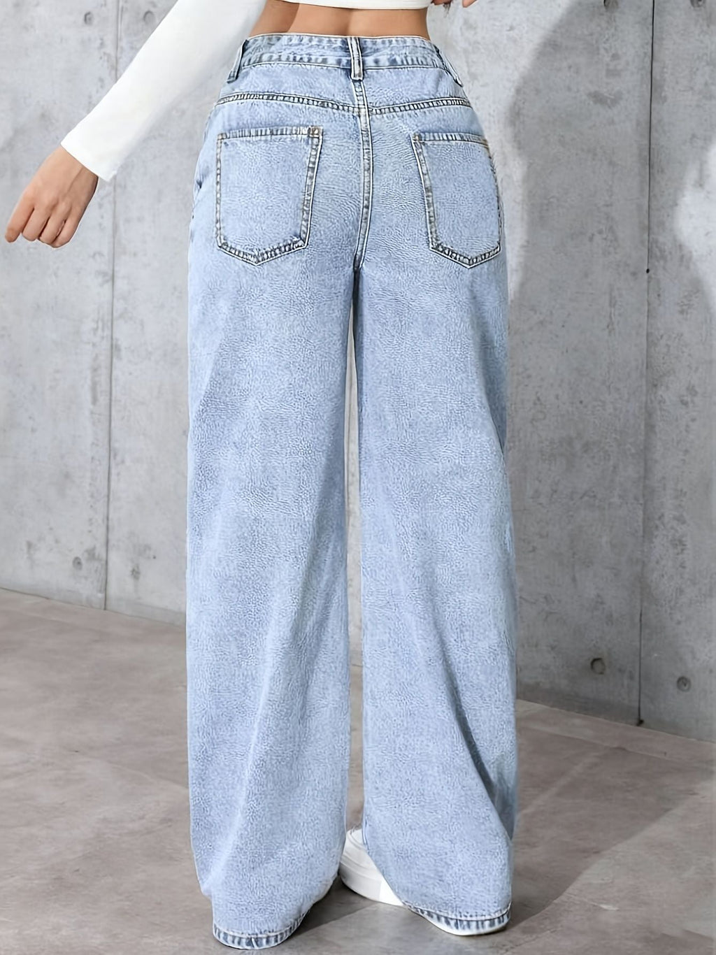 Women's diamond-studded washed jeans, high-waisted wide-leg pants, straight-cut long pants