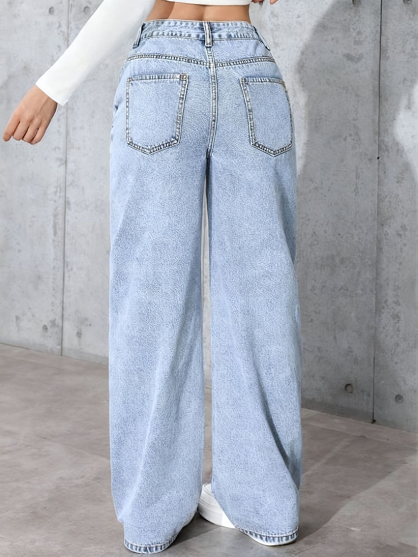 Women's diamond-studded washed jeans, high-waisted wide-leg pants, straight-cut long pants