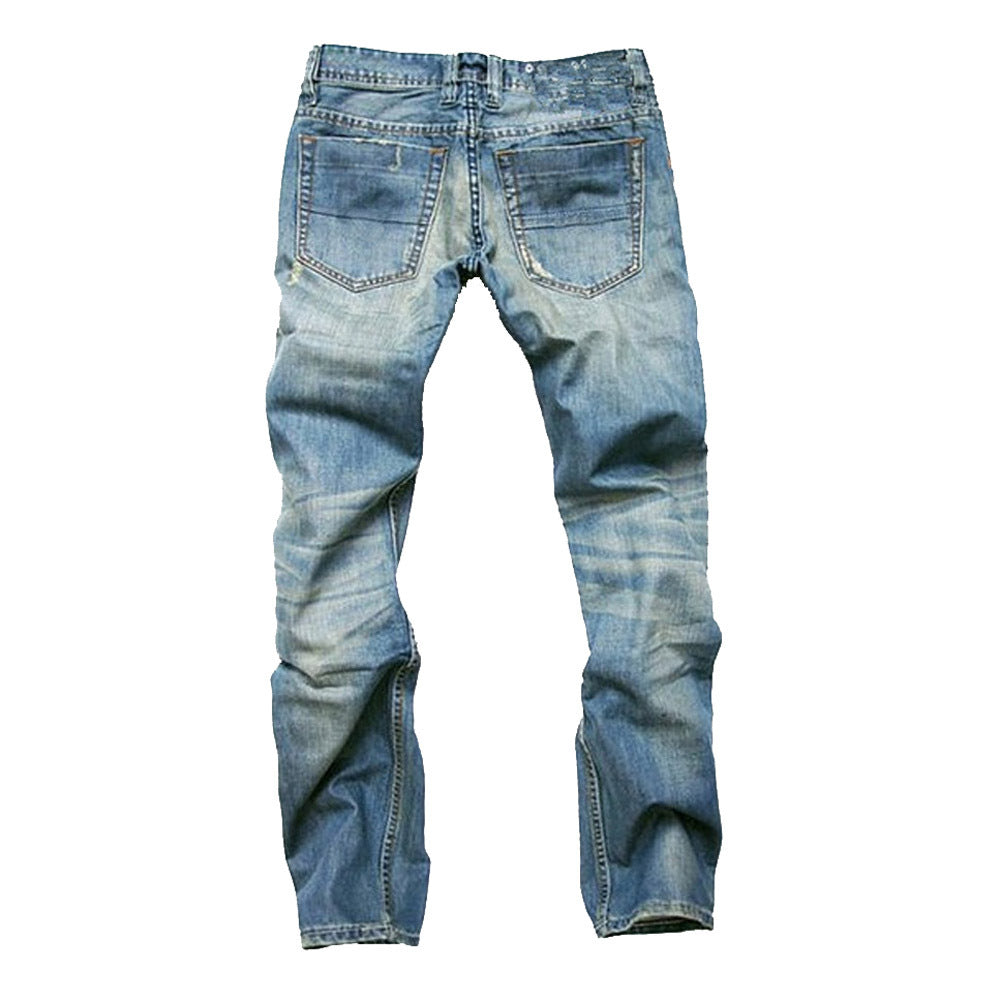 Men's jeans with holes, nostalgic light blue straight-cut slim-fitting button-up pants