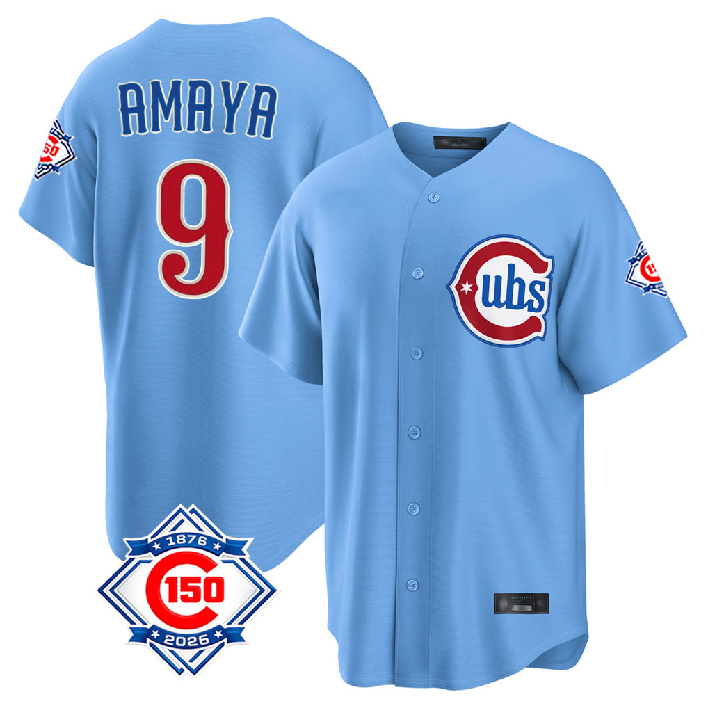 Chicago Cubs #9 Miguel Amaya Player Light Blue MASONITE 150th Anniversary Home Game Stitched Jerseys
