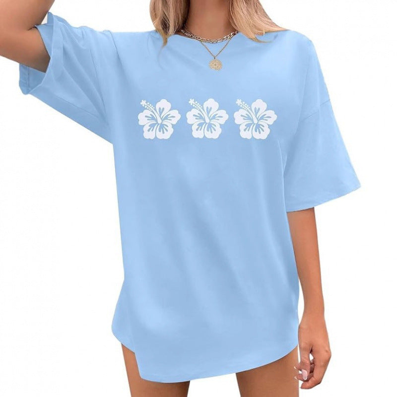 Hot Sale: New European and American Women's Summer Flower-Print Casual Round-Neck Short-Sleeve T-Shirt