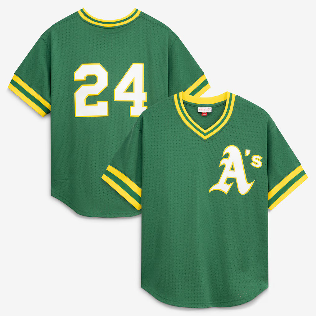Oakland Athletics #24 Rickey Henderson Mitchell & Ness Green MASONITE Authentic Batting Practice Jersey 2